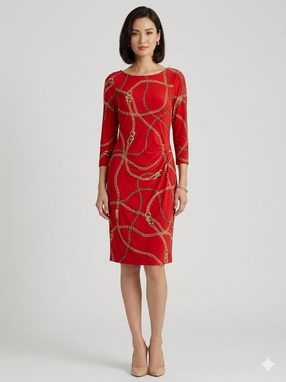 Ralph Lauren Red Chain-Print Midi Dress